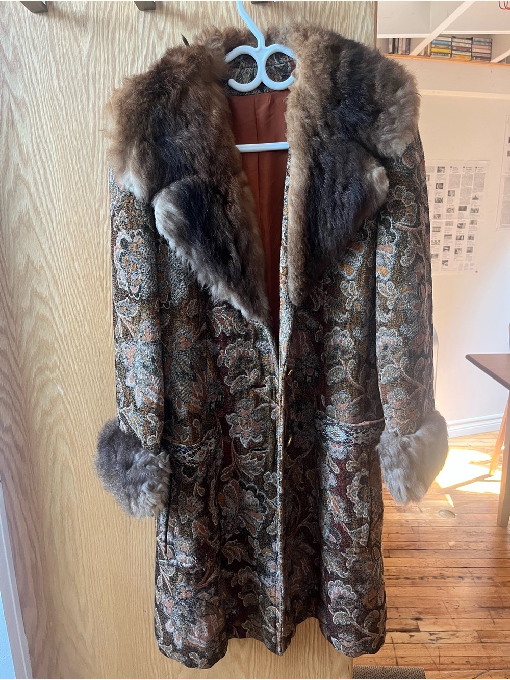 Brown Floral Brocade Coat with Faux Fur Trim